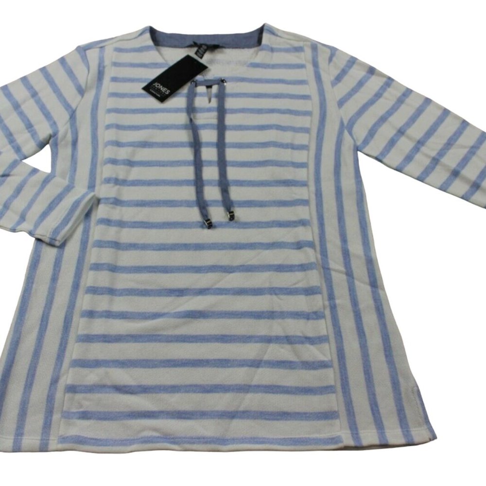 Jones New York Blue White Striped Knit Top Drawstring Womens Size S Small NWT